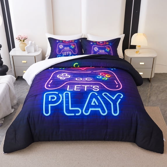 Koniroom 3 Pieces Neon Gamer Comforter Set Queen Size for Boys, Kids Bedroom Decor Soft Reversible Gaming Bedding, All Season Bed Set, Black Purple