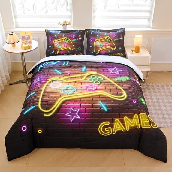 Koniroom 3 Pieces Neon Gamer Comforter Set Queen Size for Boys, Kids Bedroom Decor Gaming Bedding, Video Game Controller Design Bed Set, Blue Purple