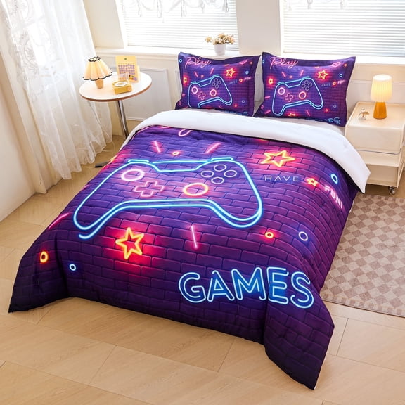 Koniroom 3 Pieces Neon Gamer Comforter Set Queen Size for Boys, Kids Bedroom Decor Gaming Bedding, Video Game Controller Design Bed Set, Yellow