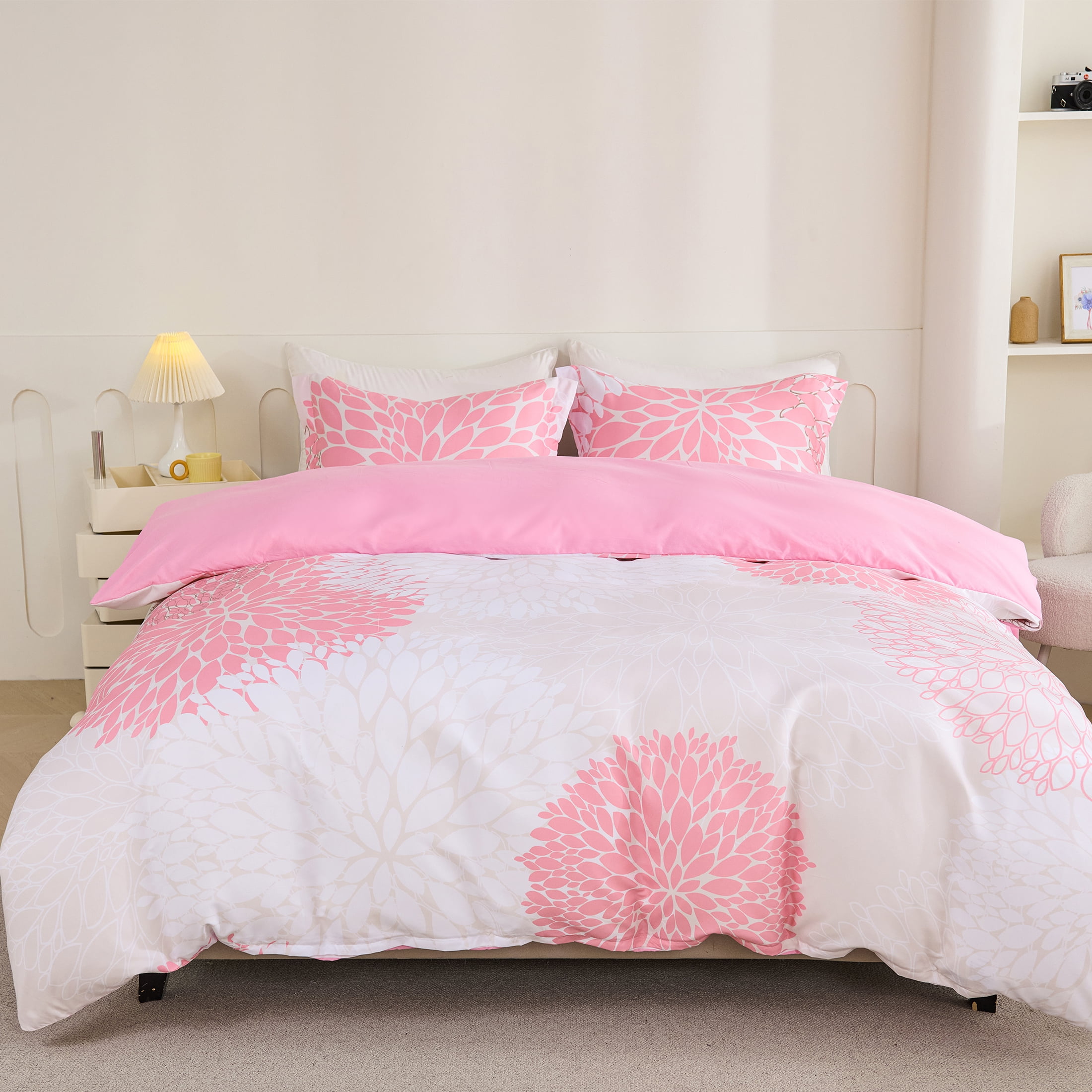 Koniroom 3 Pieces Pink Duvet Cover Full Size, Beige Reversible Floral Duvet Cover Full With Cute Flowers for Women Teen Girls