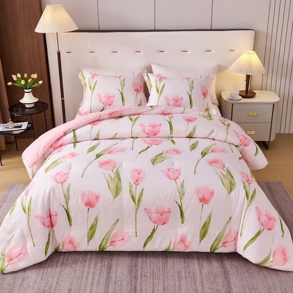 Koniroom 3 Pieces Pink Floral Comforter Set Queen Size, Tulips Botanical Bedding Sets with Cute Flowers for Teen Girls (90x90 Inches)