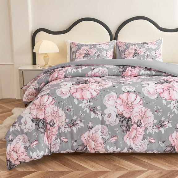Koniroom 3 Pieces Pink and Grey Comforter Set King Size, Floral Bedding Sets King with Pink Cute Flowers Pattern Printing, Reversible All Season Comforter with 2 Pillow Shams