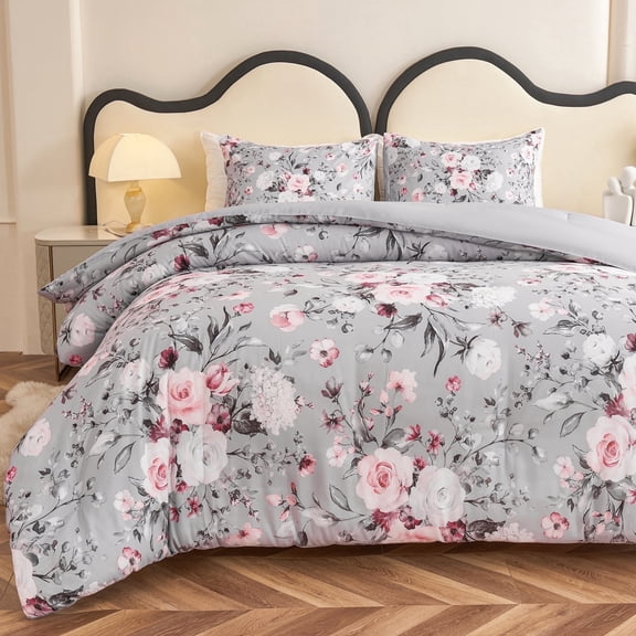 Koniroom 3 Pieces Pink and Grey Comforter Set Queen Size, Floral Bedding Sets with Pink Flowers and Leaves Pattern for Teen Girls and Women, Reversible All Season Comforter with 2 Pillow Shams