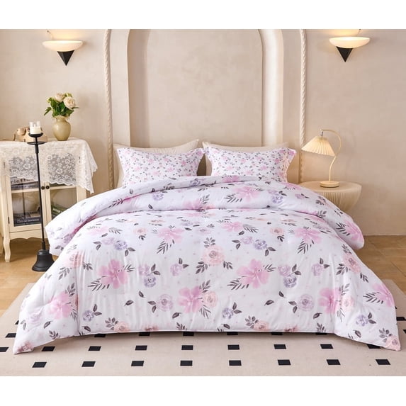 Koniroom 2PCS Lavender Purple Floral Comforter Set Queen Size, Kids Teen Girls Watercolor Botanical Bedding Sets with Cute Flowers for Children