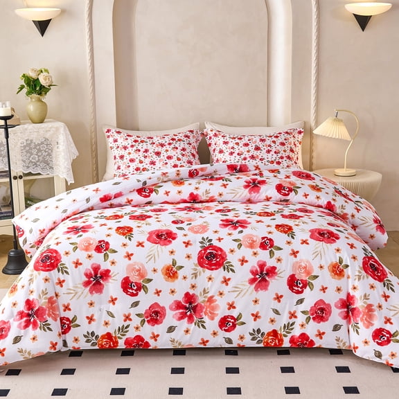 Koniroom 3PCS Red Floral Comforter Set Queen Size, Kids Teen Girls Watercolor Botanical Boho Bedding Sets with Cute Flowers for Children