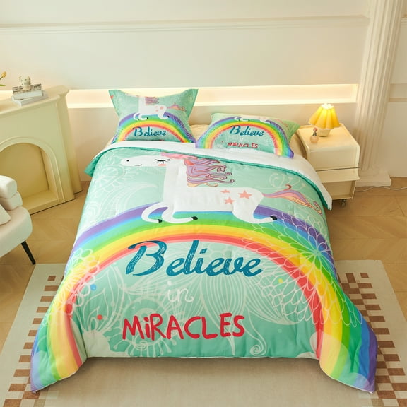 Koniroom Unicorn Comforter Set Full Size for Girls, 3 Pieces Kids Bedding Set with Rainbow, Bedroom Decor for Children, Green