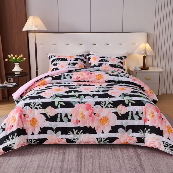 Koniroom 3PCS Black Pink Floral Comforter Set Queen Size, Botanical Bedding Sets with Watercolor Roses for Women Teen Girls