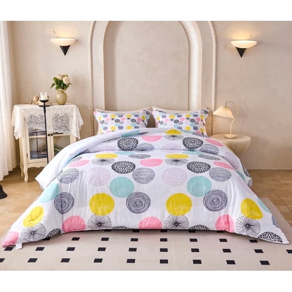 Koniroom 3Pcs Colorful Polka Dots Comforter Set Full/Queen Size, Kids Teen Girls Reversible Bedding Sets with Pink Blue Purple Yellow Dots