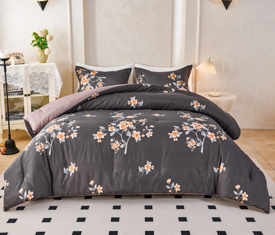 Koniroom 3Pcs Dark Grey Floral Comforter Set Queen Size – Reversible Blossom Bedding with Orange Flower Blooms, Modern Glam