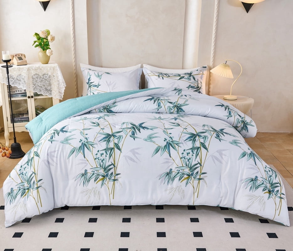 Koniroom 3Pcs Green Comforter Set Queen Size– Reversible Microfiber Bamboo Botanical Bedding in Mint & White