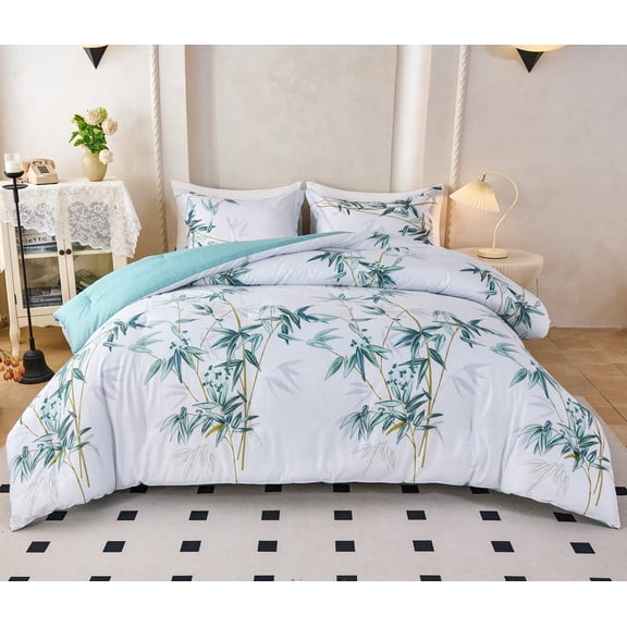 Koniroom 3Pcs Green Comforter Set Queen Size– Reversible Microfiber Bamboo Botanical Bedding in Mint & White