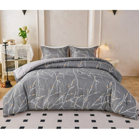 Koniroom 3Pcs Modern Gray Branch Floral Comforter Set Queen Size, Minimalist Botanical Print Reversible Bedding for Adults