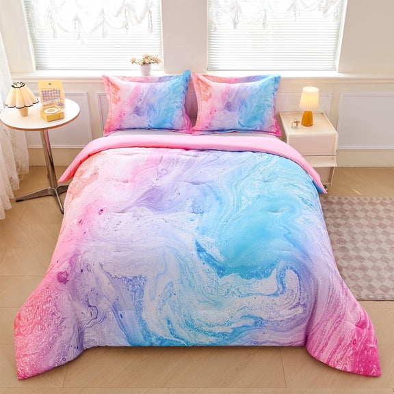 Koniroom 3Pcs Pastel Marble Comforter Set Queen Size for Girls, Kids Pink Purple Blue Swirl Bedding Room Decor