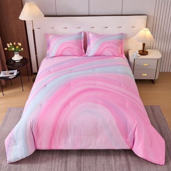 Koniroom 3Pcs Pastel Rainbow Comforter Set Full Size for Girls, Kids Pink Purple Blue Swirl Bedding Room Decor