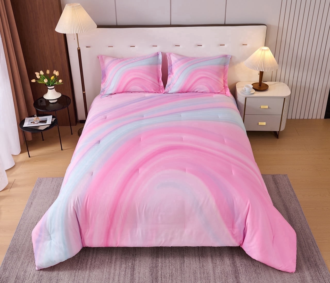 Koniroom 3Pcs Pastel Rainbow Comforter Set Queen Size for Girls, Kids ...