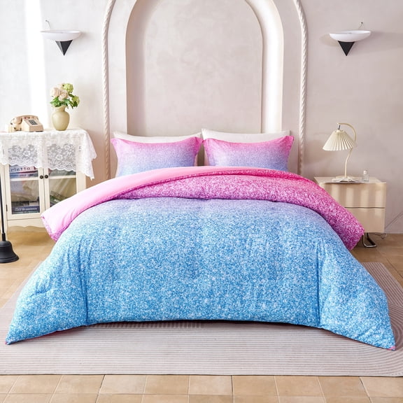 Koniroom 3Pcs Pink Ombre Comforter Set Queen Size for Girls, Kids Teens Mermaid Glitter Rainbow Bedding Set, Blue Purple Turquoise
