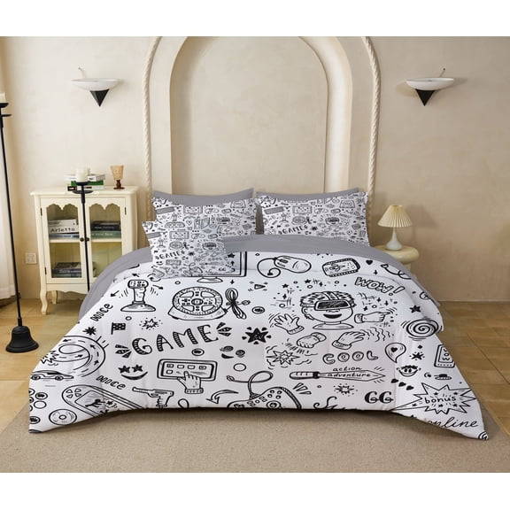 Koniroom 6 Pcs Gamer Comforter Set Twin Size for Boys, Computer Video Games Doodles Bedding Set for Kids Teen, Bed in a Bag with Sheets, Pillowcases & Shams for Bedroom Decor