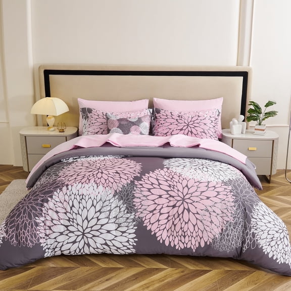 Koniroom 6-Piece Pink and Grey Comforter Set Twin Size - Reversible Floral Bed in a Bag with Sheets, Pillowcases, Shams, and Decorative Pillow Cover for Teen Girls and Women