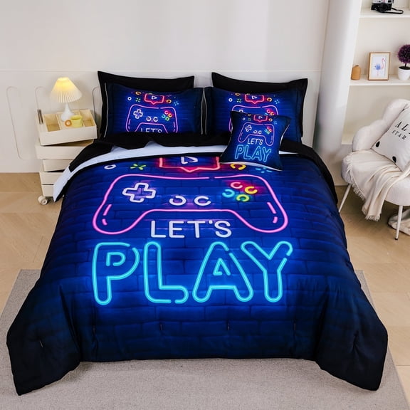 Koniroom 6 Pieces Neon Gamer Comforter Set Twin Size for Boys, Kids Bedroom Decor Soft Gaming Bedding, Video Game Controller Design Bed Set, Black Purple