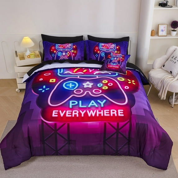 Koniroom 8-Piece Gamer Bedding Comforter Sets Full/Queen Size for Boys, Kids Room Decor Soft Reversible Gaming Comforter Set, All Season Bed Set, Black Purple