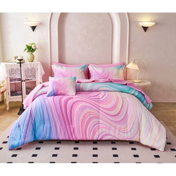 Koniroom 8-Piece Girls Pastel Swirl Rainbow Comforter Set Queen Size, Blue Pink Purple, Kids Bedding Set