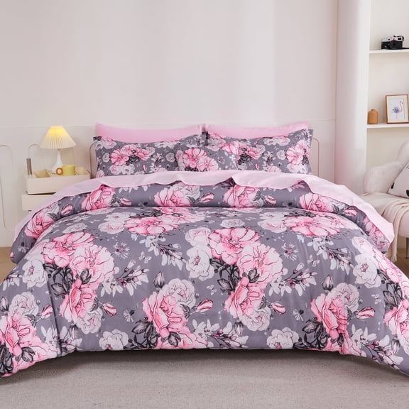 Koniroom 8-Piece Pink and Grey Floral King Comforter Set - Reversible Flower Bed in a Bag with Sheets, Pillowcases, Shams, and Decorative Pillow Cover for Teen Girls and Women