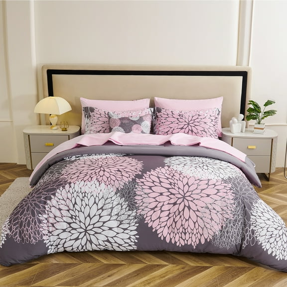 Koniroom 8-Piece Pink and Grey Queen Comforter Set - Reversible Floral Bed in a Bag with Sheets, Pillowcases, Shams, and Decorative Pillow Cover for Teen Girls and Women