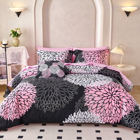 Koniroom 8 Pieces Black and Pink Floral Comforter Set Queen Size, Cute Flower Bed in a Bag with Sheets, Pillowcases, Shams, and Decorative Pillow Cover for Teen Girls and Women