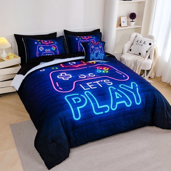 Koniroom 8 Pieces Neon Gamer Comforter Set Queen Size for Boys, Kids Bedroom Decor Soft Gaming Bedding, Video Game Controller Design Bed Set, Black Purple