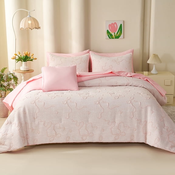 Koniroom 8 Pieces Pink Full Size Comforter Set for Girls, Cute Bowknot Bed in a Bag Bedding Sets with Sheets, Pillowcases & Shams, Kids Bow Bedroom Decor