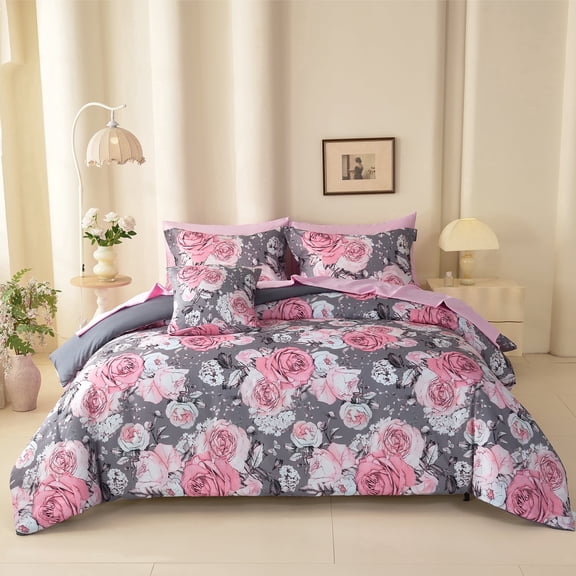 Koniroom 8 Pieces Vintage Rose Floral Comforter Set Queen Size, Pink and Grey Soft Microfiber Bedding Set with Pink Rose Print for Women & Girls