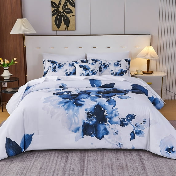Koniroom 8Pcs Blue White Watercolor Floral Bedding Comforter Set Queen Size, Reversible Soft Microfiber Bed In a Bag with Pillowcases Shams Sheets