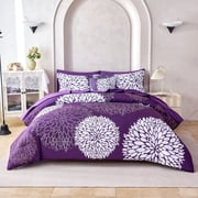 Koniroom 8Pcs Purple Comforter Set Queen Size, Botanical Bed In a Bag with Flowers Bloom Printfor Women Teen Girls