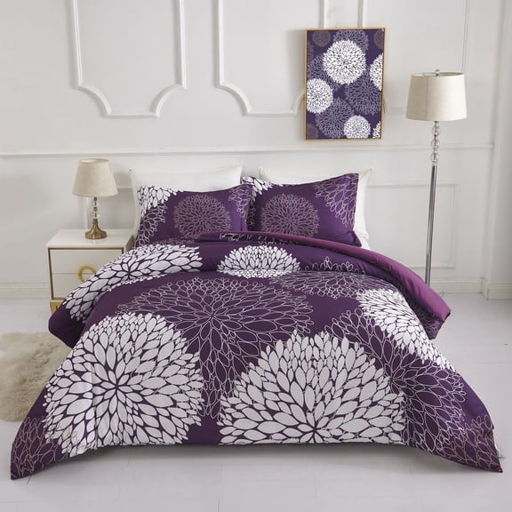 Koniroom 8Pcs Purple Comforter Set Queen Size, Botanical Bed In a Bag with Flowers Bloom Printfor Women Teen Girls