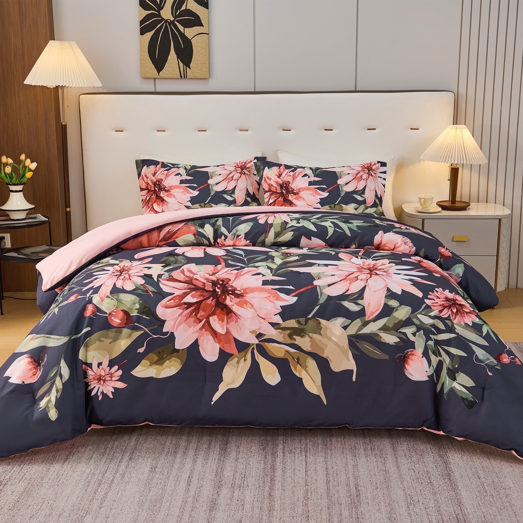 Koniroom Black and Pink Floral Comforter Set King Size – Reversible 3 Pieces Botanical Flower Bedding for All Seasons