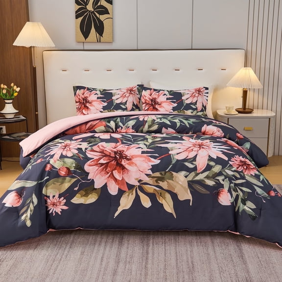 Koniroom Black and Pink Floral Comforter Set King Size – Reversible 3 Pieces Botanical Flower Bedding for All Seasons