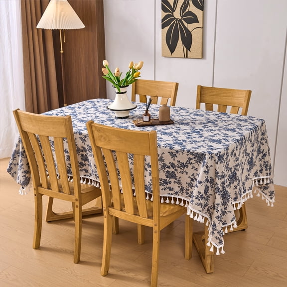 Koniroom Pastoral Rectangle Tablecloth - 60 Inch - Linen Fabric Table Cloth - Washable Table Cover with Dust-Proof Wrinkle Resistant for Restaurant, Picnic, Indoor and Outdoor Dining (Blue Floral)