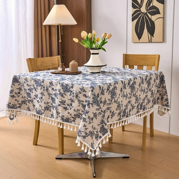 Koniroom Blue Floral Pastoral Square Tablecloth - 60 x 60 Inch - Linen Fabric Table Cloth - Washable Table Cover with Dust-Proof Wrinkle Resistant for Restaurant, Picnic, Indoor and Outdoor Dining