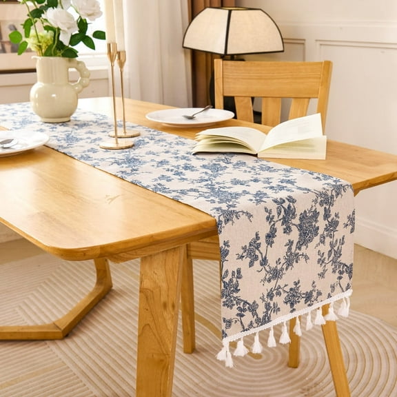 Koniroom Blue Floral Pastoral Table Runner - 12 x 90 Inch Rectangle - Beige Linen - Washable Tabletop with Dust-Proof Wrinkle Resistant for Restaurant, Picnic, Indoor and Outdoor Dining