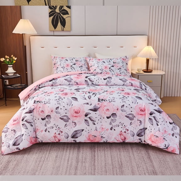Koniroom Floral Comforter Set King Size, Pink and Gray Watercolor Roses, Soft Microfiber Bedding for Women Teen Girls