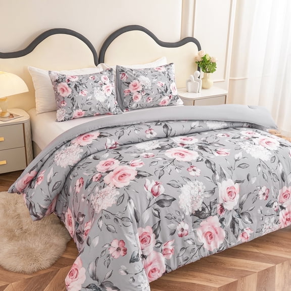 Koniroom Floral Comforter Set, Queen, Pink and Gray Roses, 3-Pieces