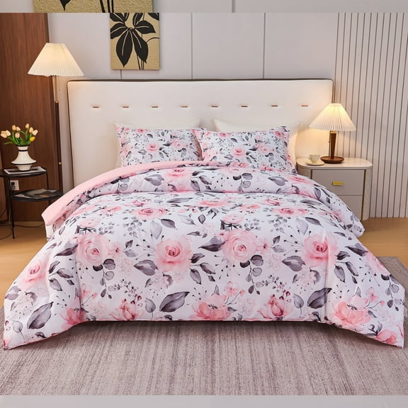 Koniroom Floral Comforter Set Queen Size, Pink and Gray Watercolor Roses, Soft Microfiber Bedding for Women Teen Girls