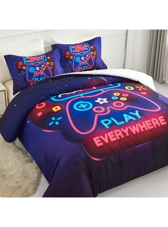 Koniroom Gamer Bedding Comforter Sets Twin Size for Boys, Kids Room Decor Soft Reversible Gaming Comforter Set, 2 Pieces All Season Bed Set, Black Purple