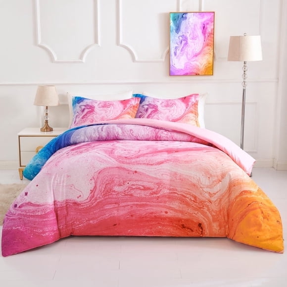 Koniroom Gradient Abstract Marble Comforter Set for Teen Girls, Kids Soft Tie Dye Reversible Full Bedding Set, 3 Pieces All Season Bed Set, Blue Pink Purple