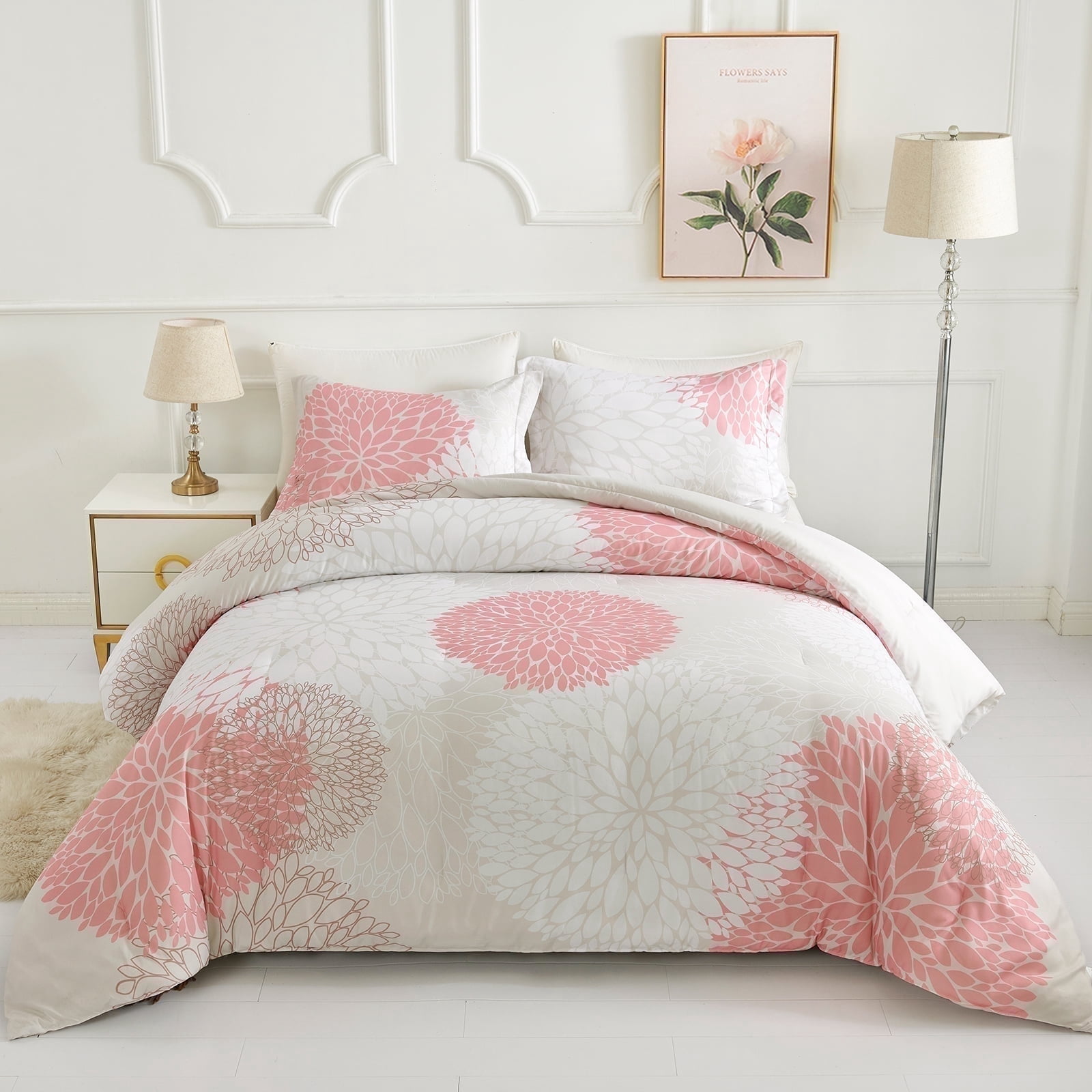 Koniroom Pink Floral Comforter Set, Botanical Beige Bedding Sets King Size with Cute Pink Flowers Printing for Women Teen Girls All Season 3 Pieces Comforters with 2 Pillow Shams (104x90 Inches)