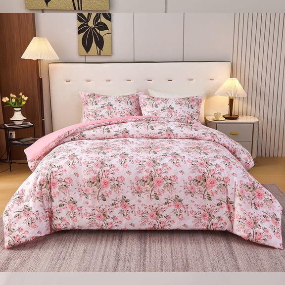 Koniroom Pink Floral Comforter Set Queen Size – Soft Vintage Rose Print, 3-Piece Reversible Flower Bedding for Teen Girls and Women
