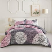 Koniroom Pink and Grey Floral Comforter Set, Botanical Bedding Sets Queen Size with Cute Flowers Printing for Women Teen Girls All Season 3 Pieces Comforters with 2 Pillow Shams (90x90 Inches)
