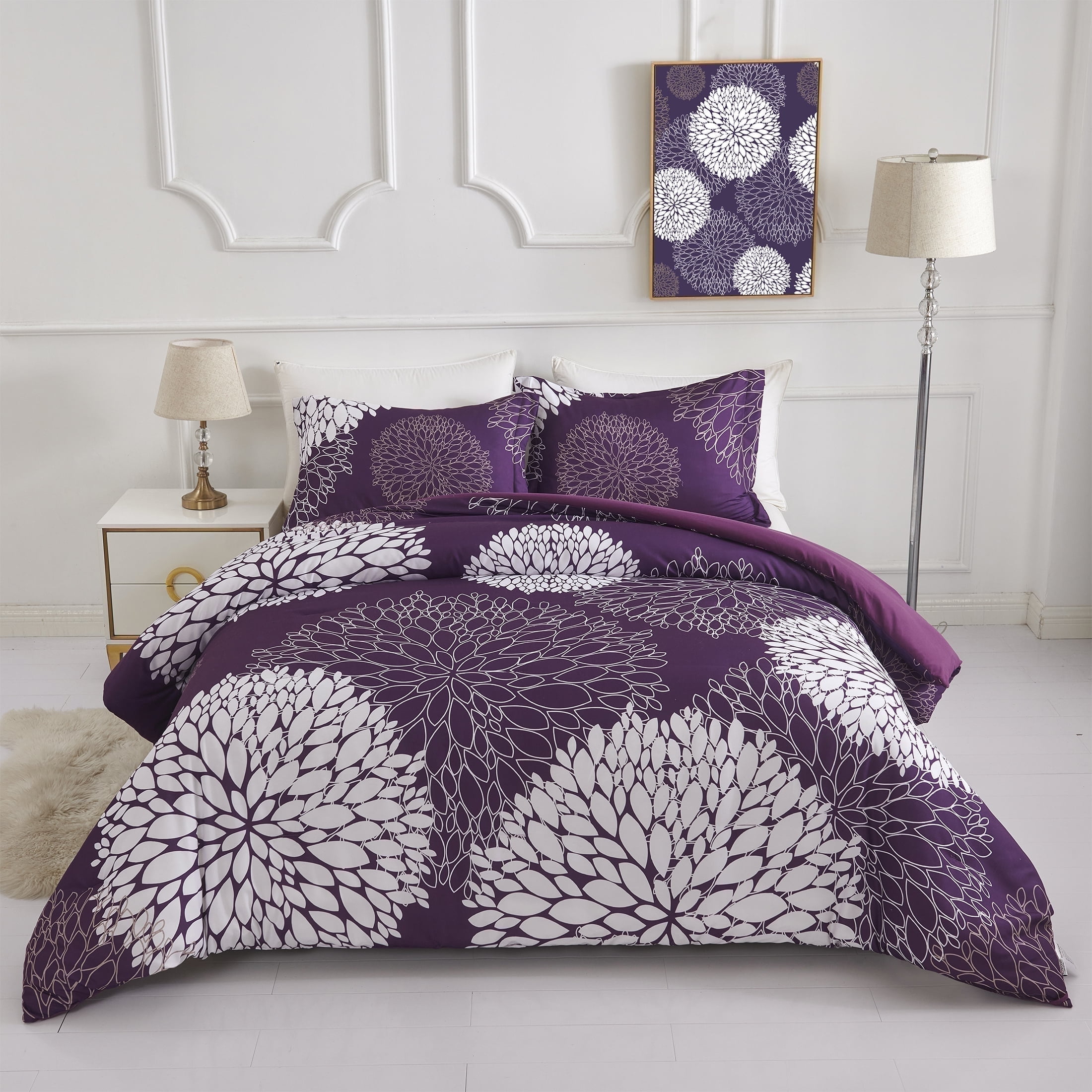 Koniroom Purple Comforter Set Queen Size, Botanical Bedding Sets Queen Size  with Cute Flowers Printing for Women Teen Girls All Season 3 Pieces  Comforters with 2 Pillow Shams (90x90 Inches) - Walmart.com, image size:2200x2200