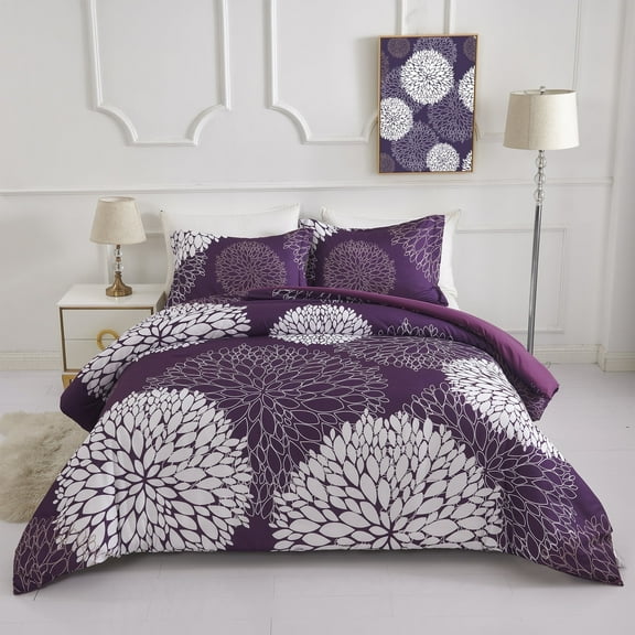 Koniroom Purple Comforter Set Queen Size, Botanical Bedding Sets Queen Size with Cute Flowers Printing for Women Teen Girls All Season 3 Pieces Comforters with 2 Pillow Shams (90x90 Inches)