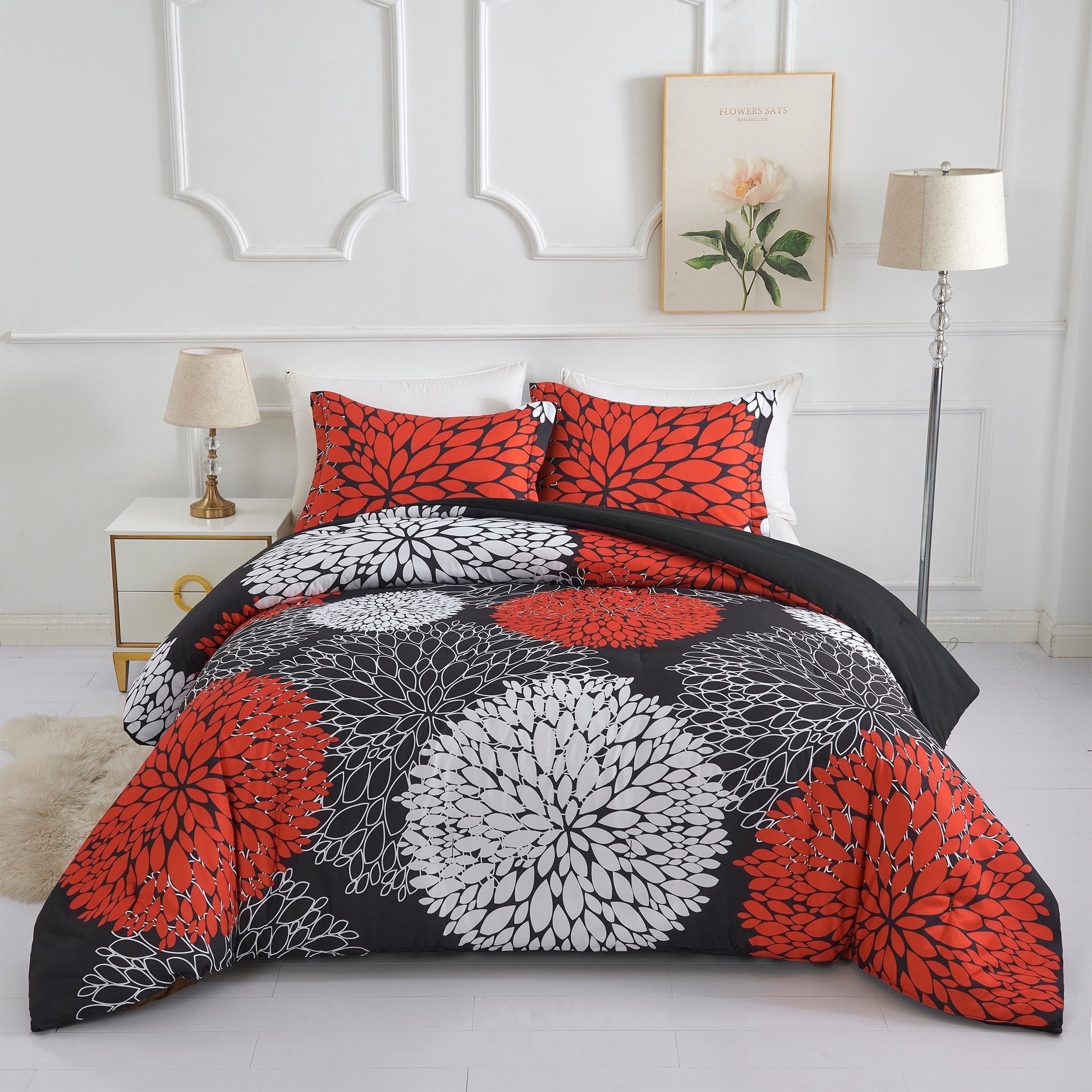 Koniroom Red and Black Floral Comforter Set Queen Size, Modern Bedding for Women